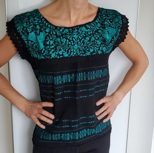 Elegant Black and Teal Huipil